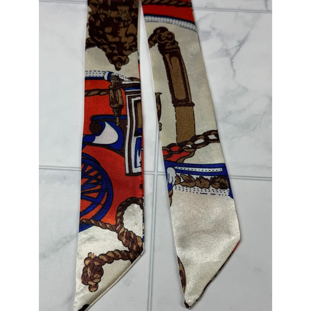Equestrian Print Satin Skinny Scarf Orange Cream Blue Carriage Chain Bag Ribbon